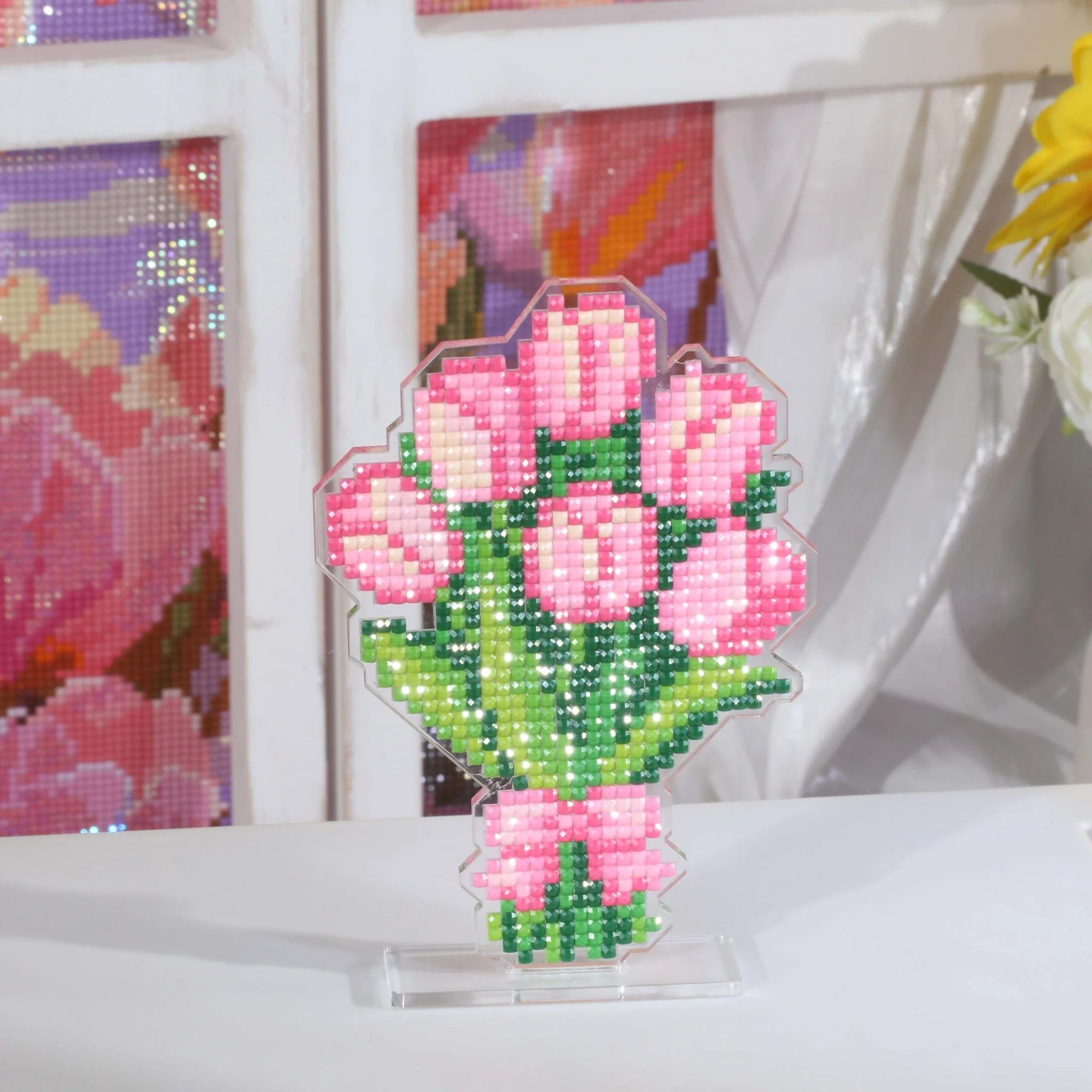 Pink Tulip Bouquet Acrylic Diamond Art Display Stand