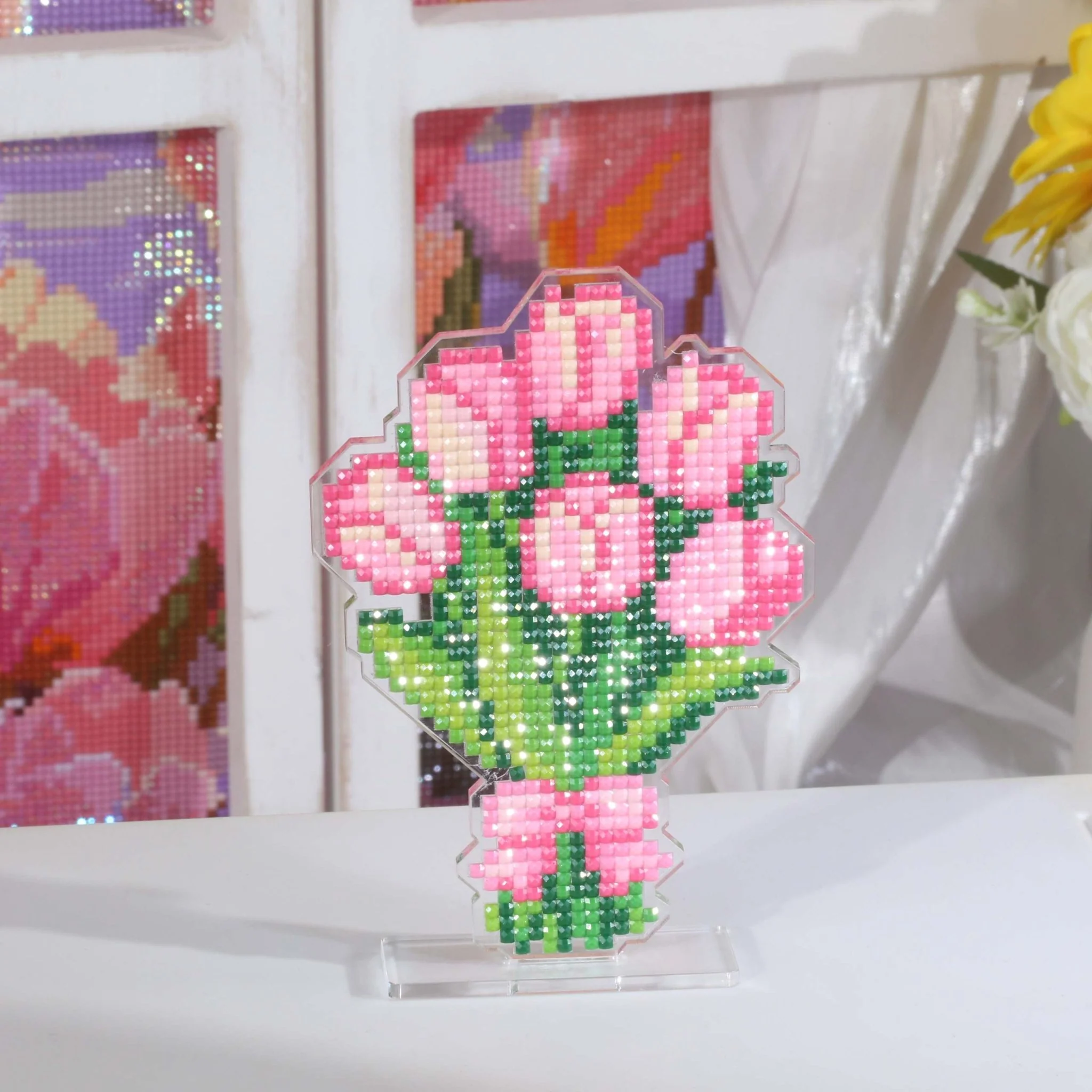 Pink Tulip Bouquet Acrylic Diamond Art Display Stand - Image 2